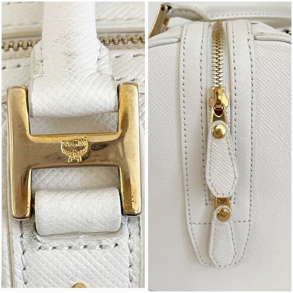 MCM White Leather Boston Bag Satchel Purse Gold Tone - Picture 12 of 15